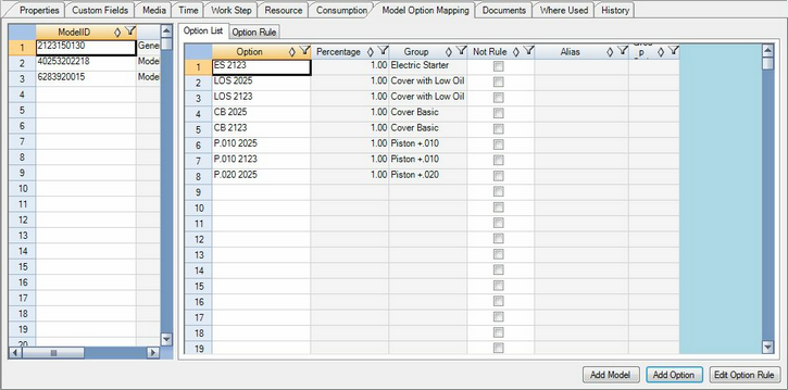 Model Option Mapping Tab for the Activity Editor