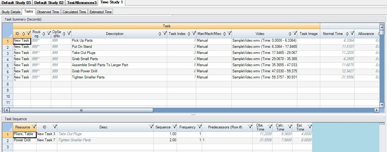 Tasks Tab in Time Estimation Module of Assembly Planner