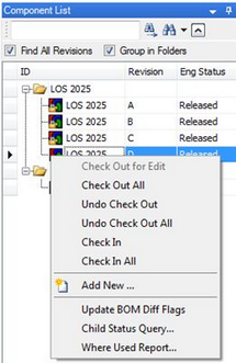 Componet Search Control displaying multiple revisions and the list right-click menu