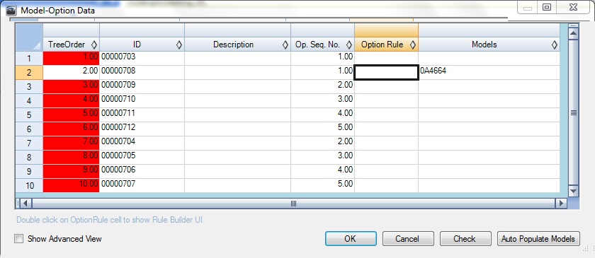 Edit Model-Option Data window Standard View