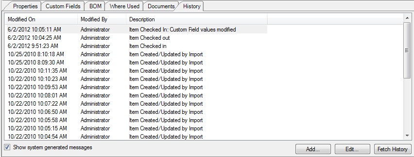 History Showing User Added History "Item Check In: Custom Field values modified"