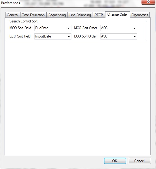 Options Menu displaying Change Order Tab for setting MCO and ECO sort preferences