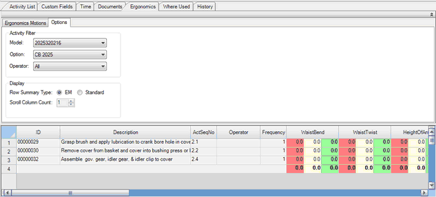 Options Tab in the Ergonomics Tab of the Operations Editor