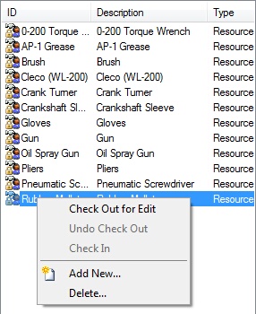 Resource Editor Search List displaying the right-click menu