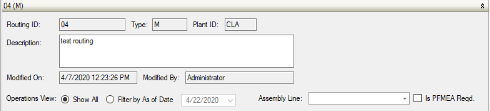 Routing Header Information: Description, ID, Type, Plant ID, and When Last Modified.