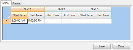Shifts/Breaks window for input of scheduled downtime