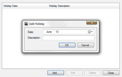 Holidays window for input of scheduled holidays