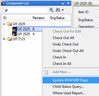 Component Editor Search List right-click menu highlighting the Update BOM Diff Flags option
